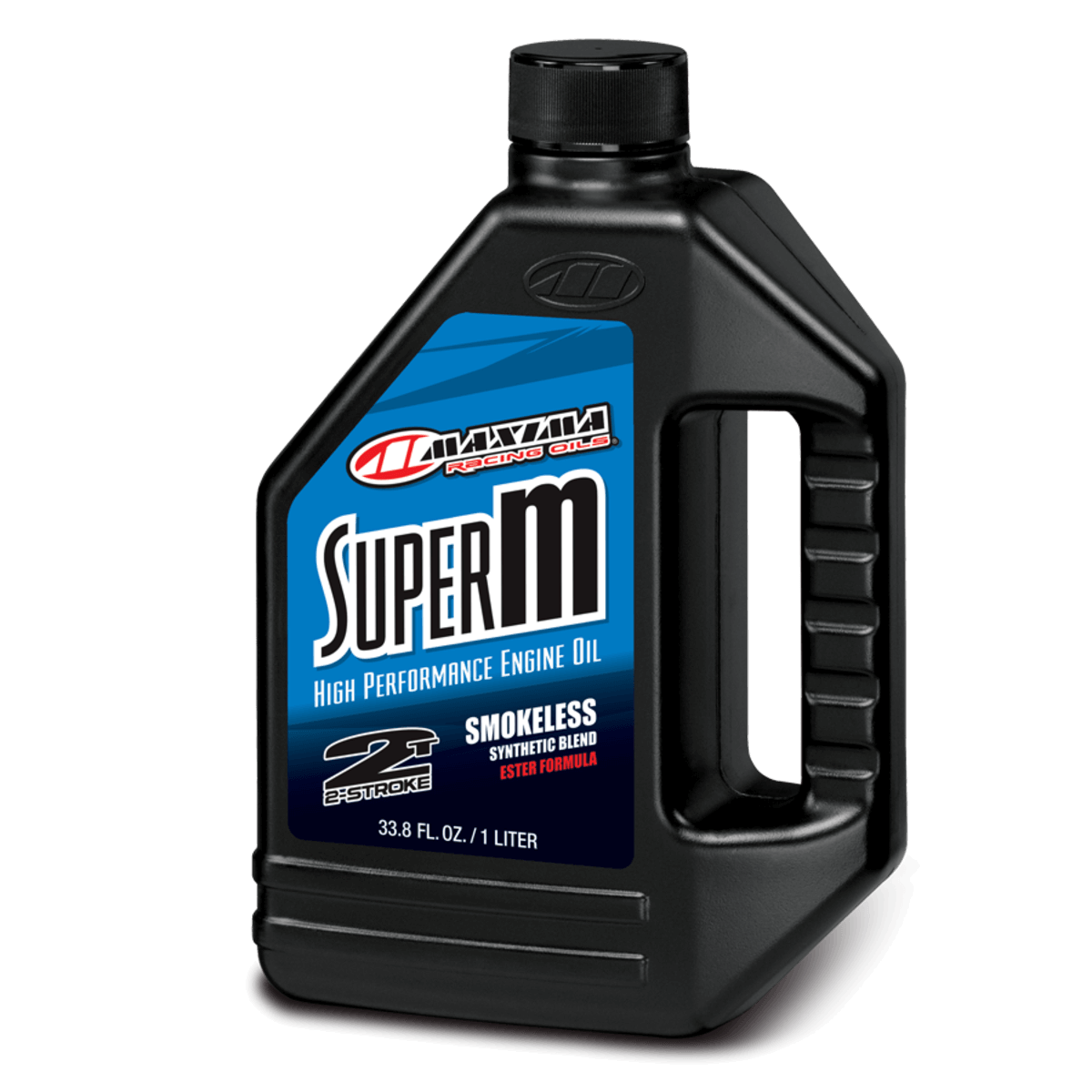 Maxima Super M engine oil bottle on a black background