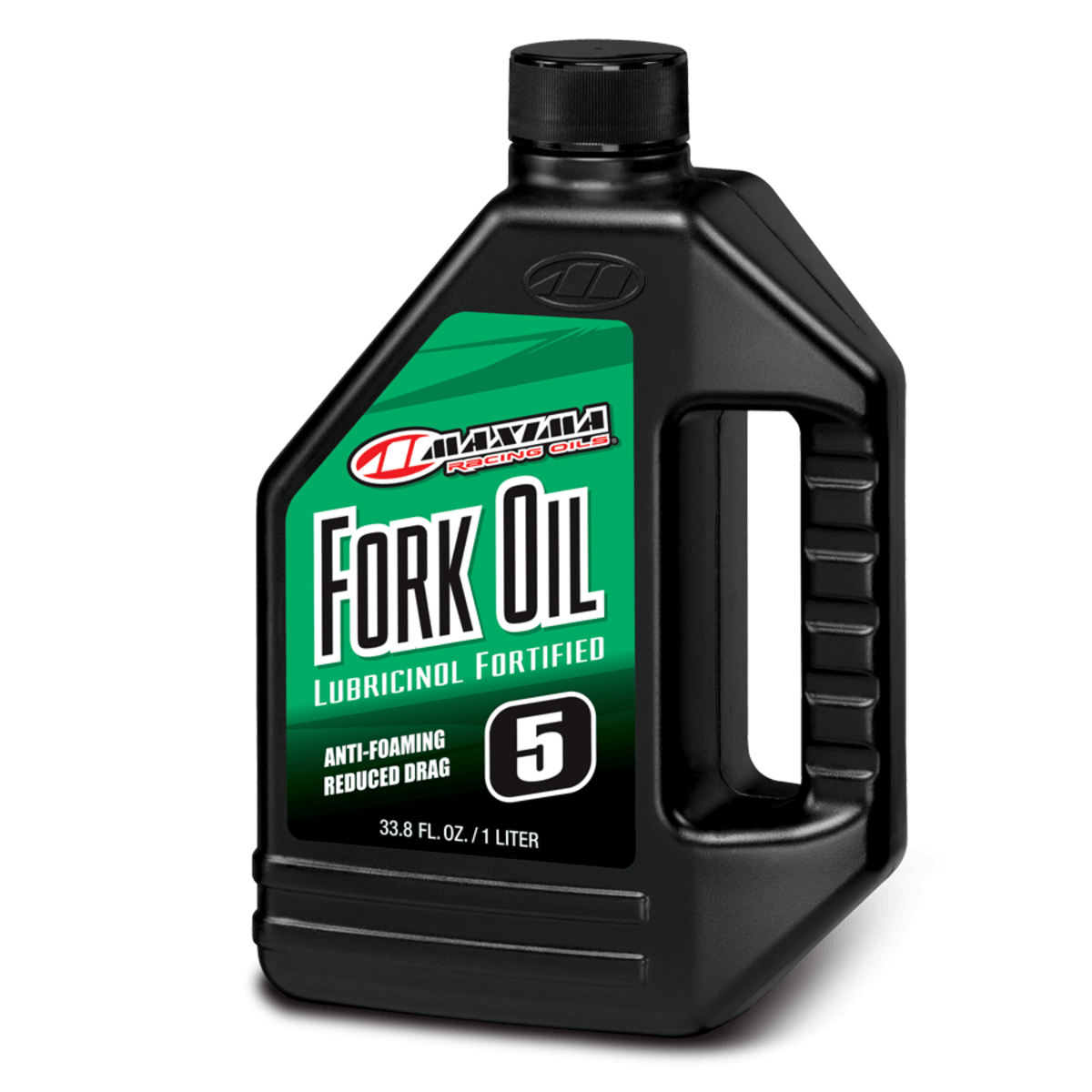 Black bottle of Maxima Fork Oil with green label on a white background