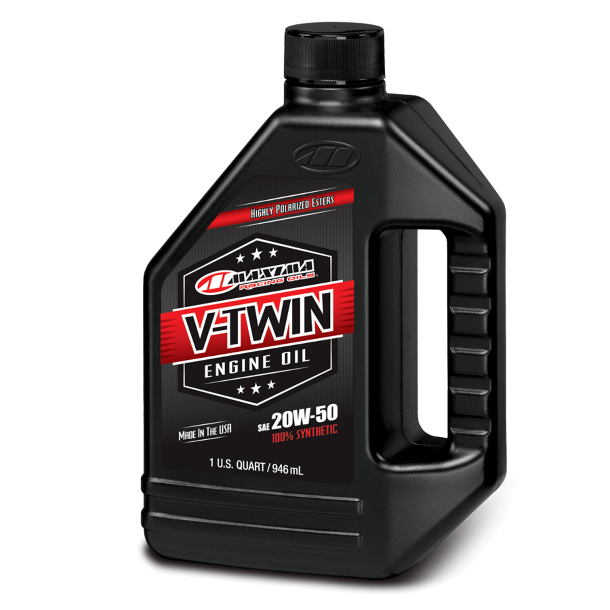 Black bottle of Maxima V-Twin Engine Oil on a white background