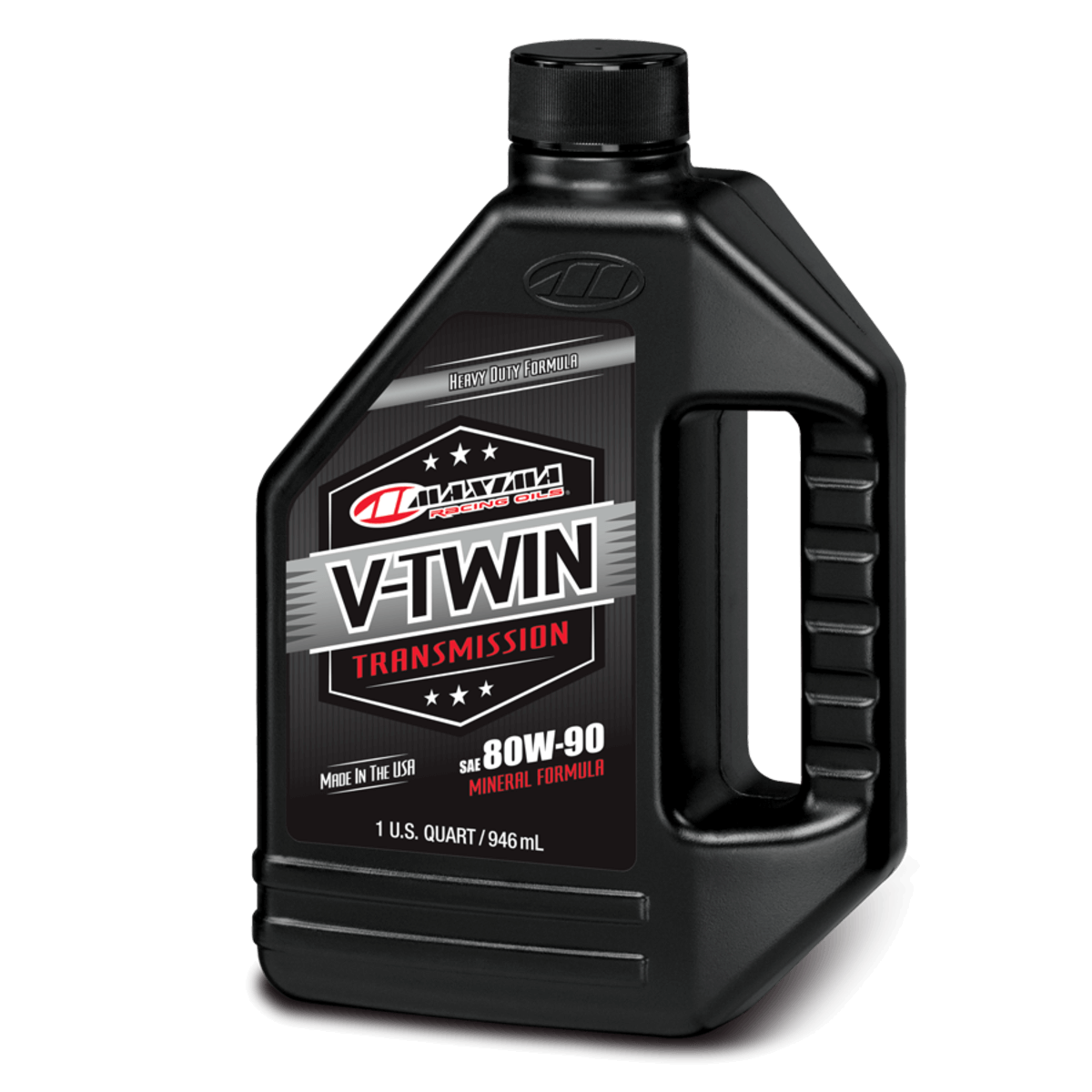 Black bottle of V-Twin transmission oil on a white background