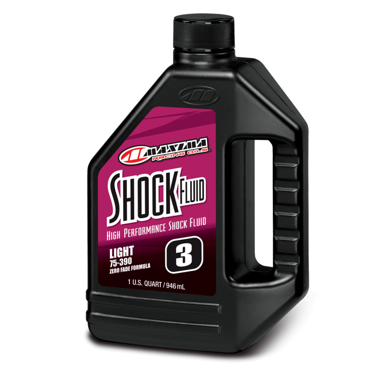 Black bottle of Maxima Shock Fluid with a pink label on a white background