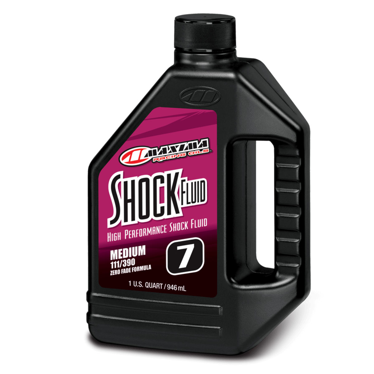 Black bottle of Maxima Shock Fluid with a pink label on a white background