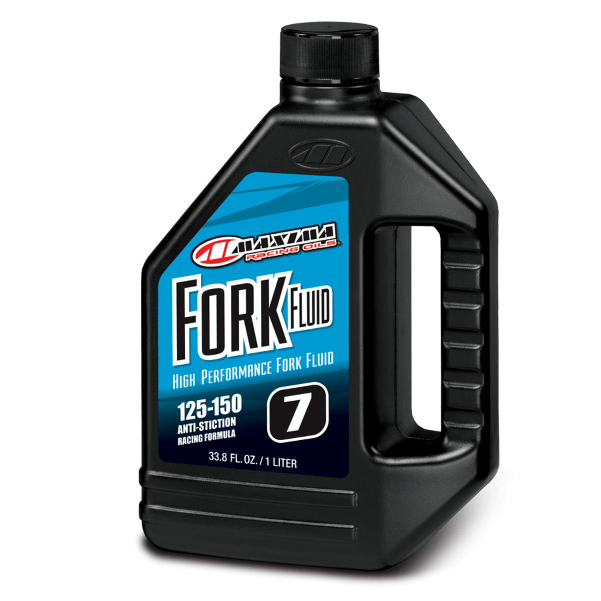 Maxima Fork Fluid bottle with blue label on a white background