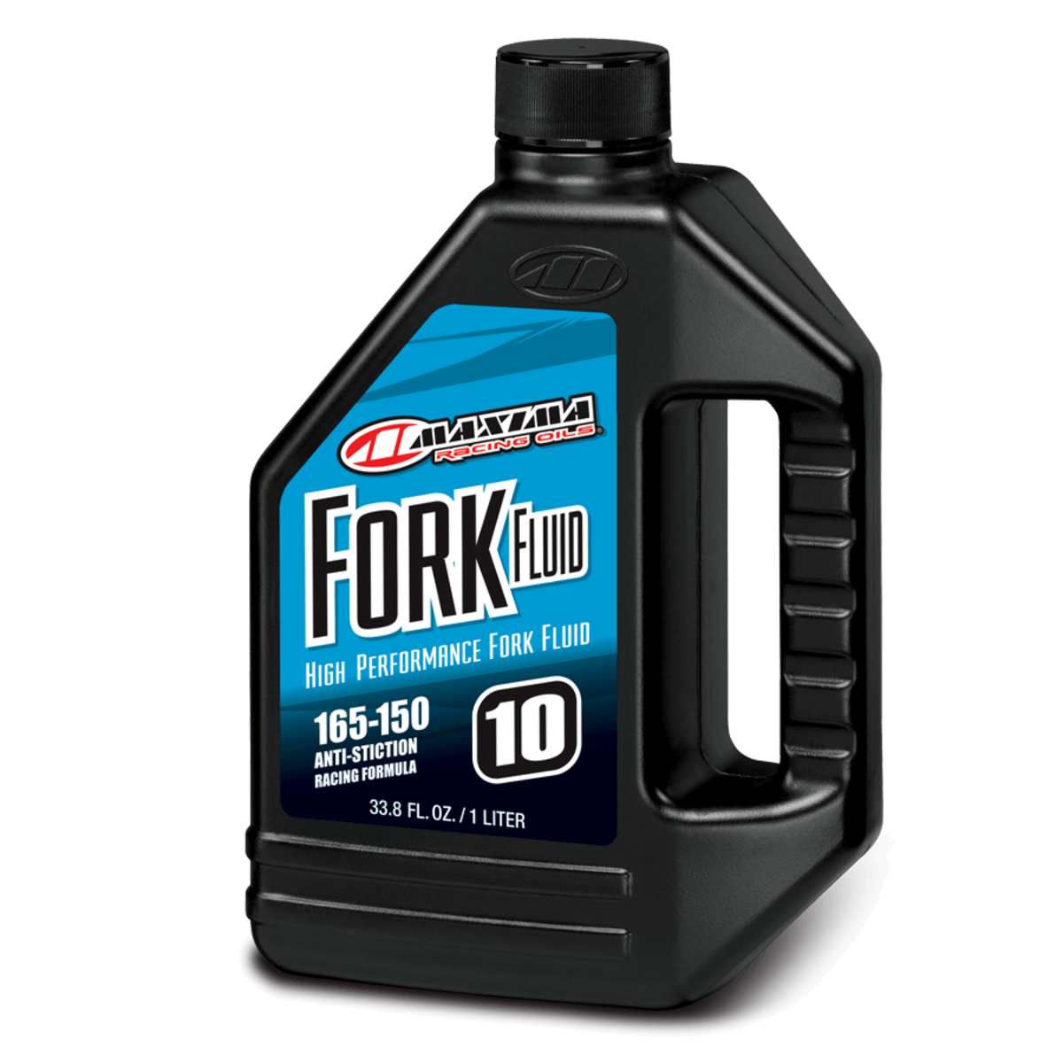 Maxima Fork Fluid bottle with blue label on a black background