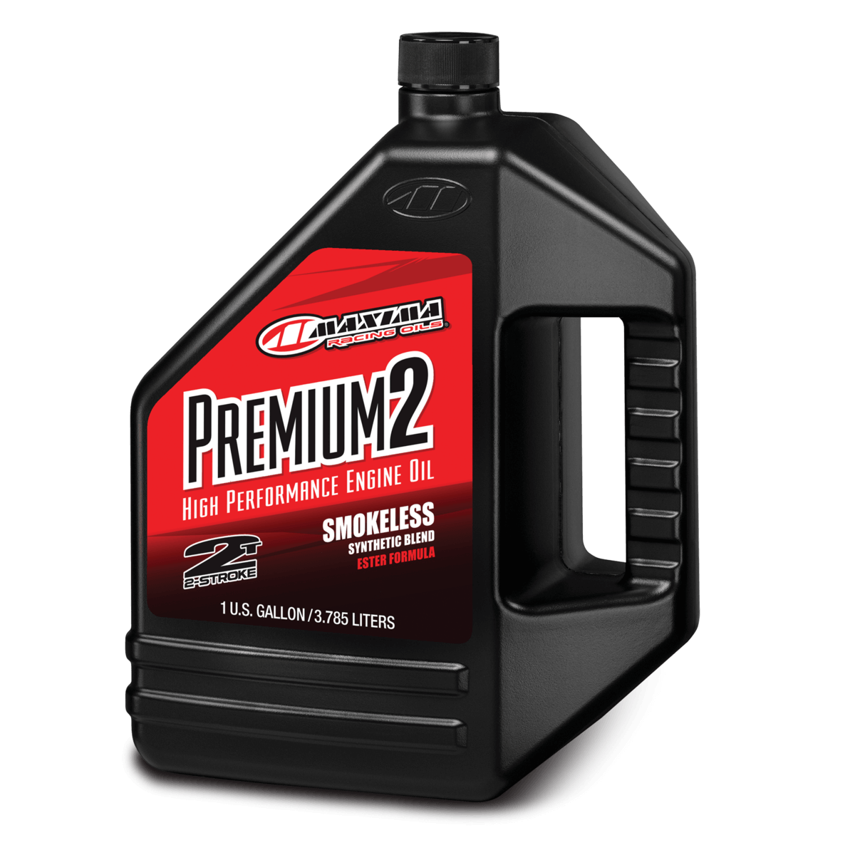 Maxima Premium 2 engine oil bottle on a black background