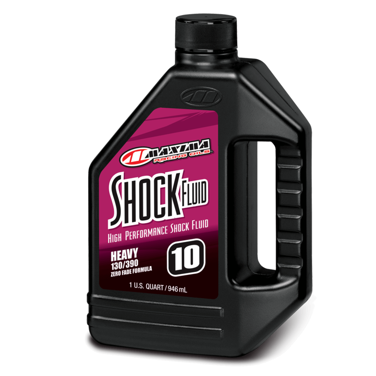 Black bottle of Maxima Shock Fluid with a pink label on a white background