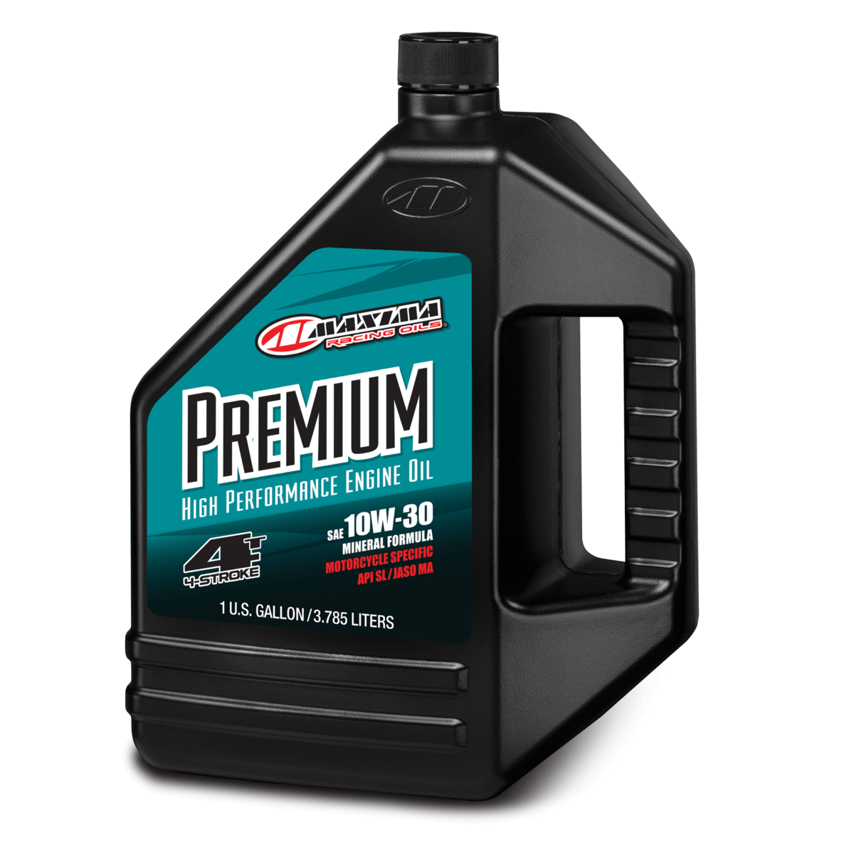 Maxima Premium High Performance Engine Oil bottle on a black background