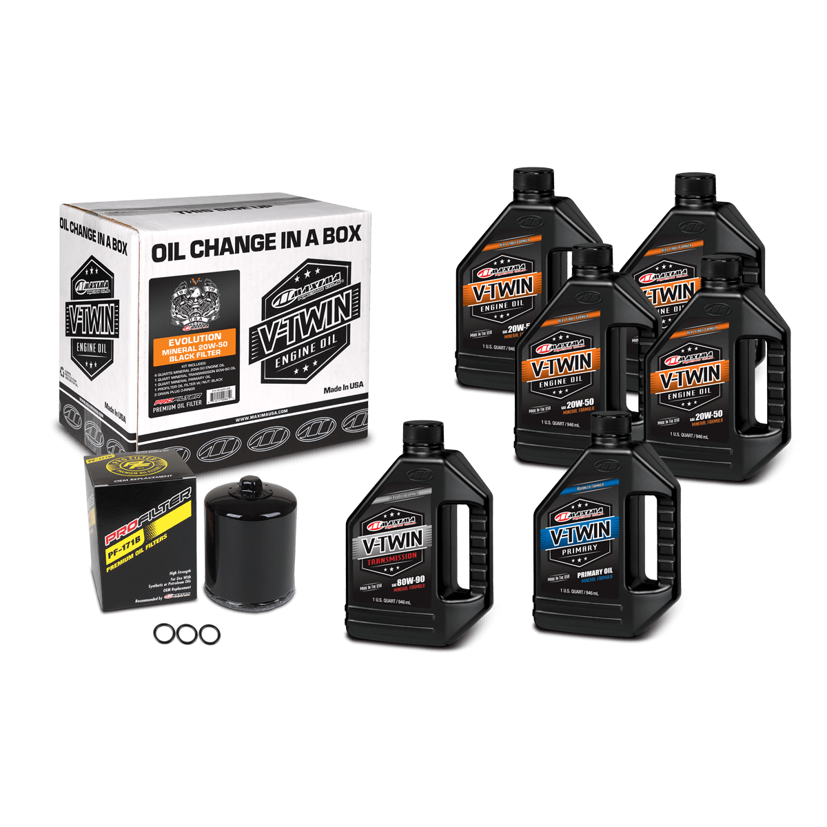 Collection of oil change products including bottles, a filter, and packaging on a black background