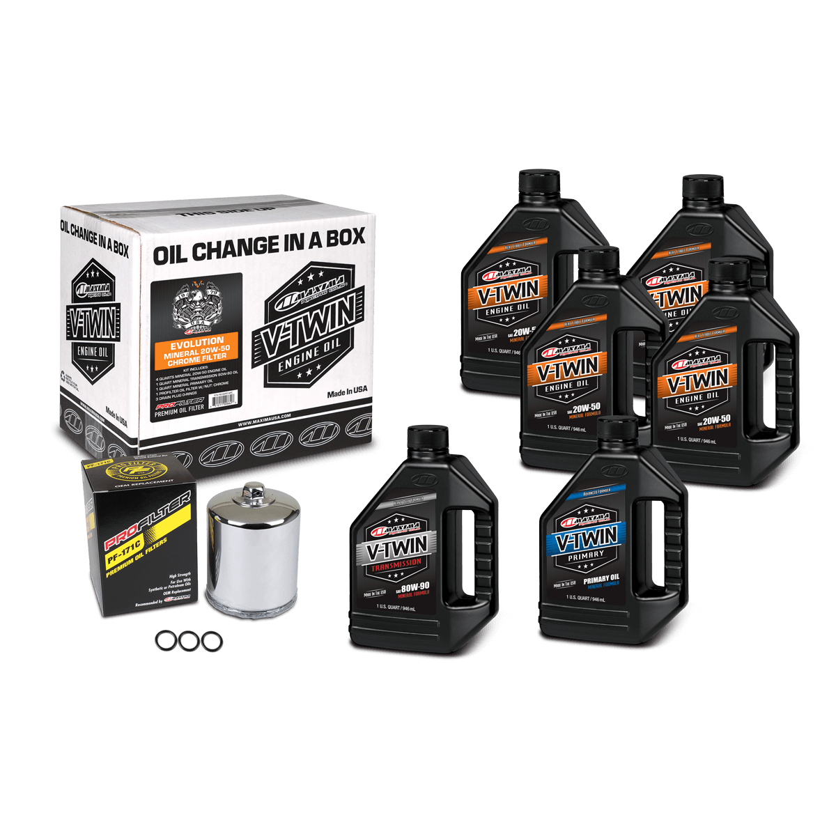 Collection of oil change products including bottles and a box on a black background