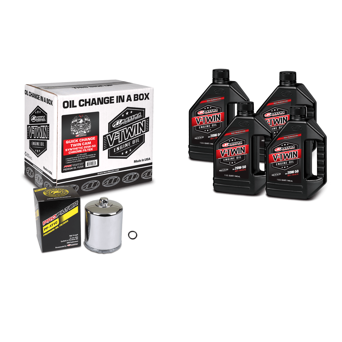 Oil change kit with packaging, oil bottles, filter, and oil filter wrench on a black background