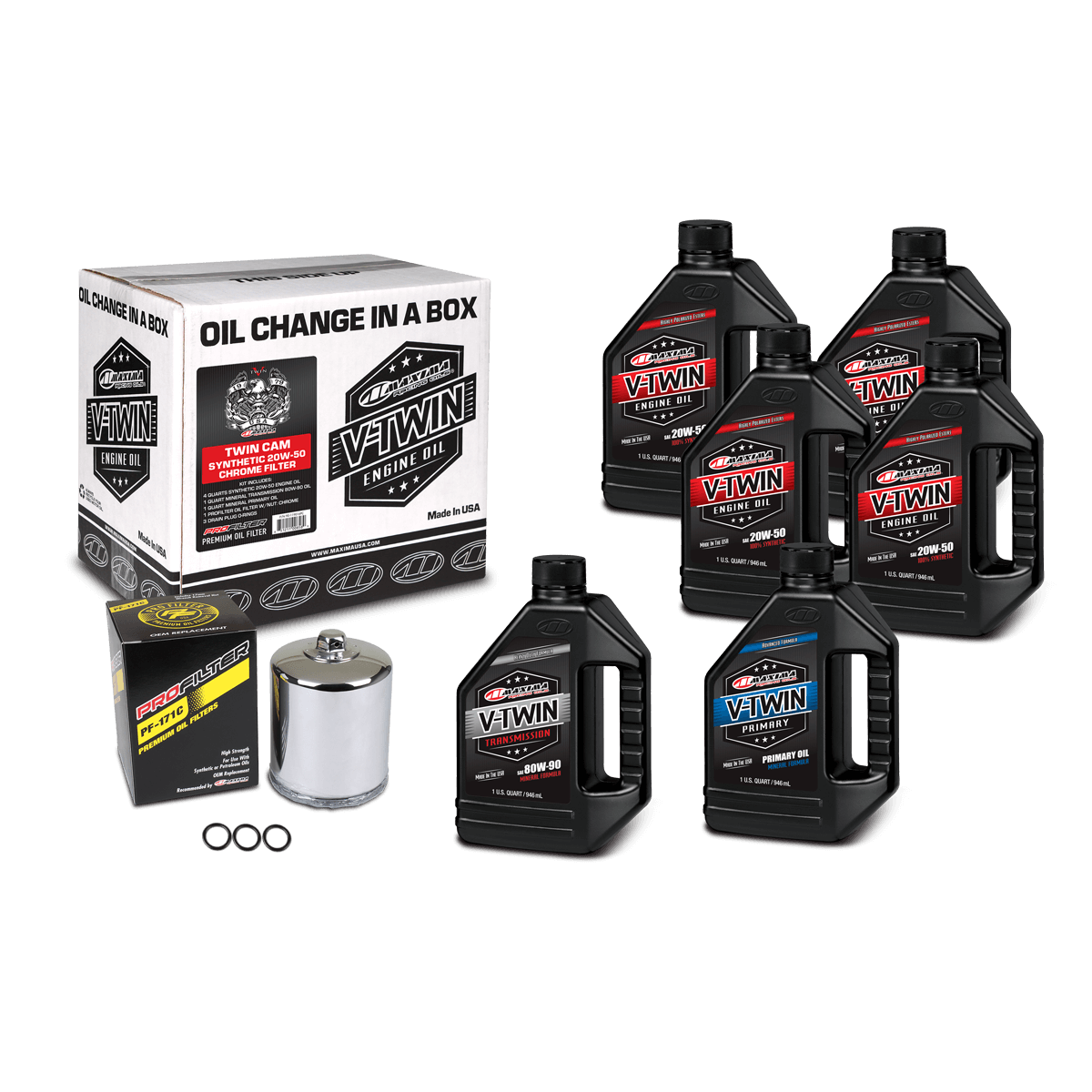 Oil change kit with oil bottles and packaging on a black background