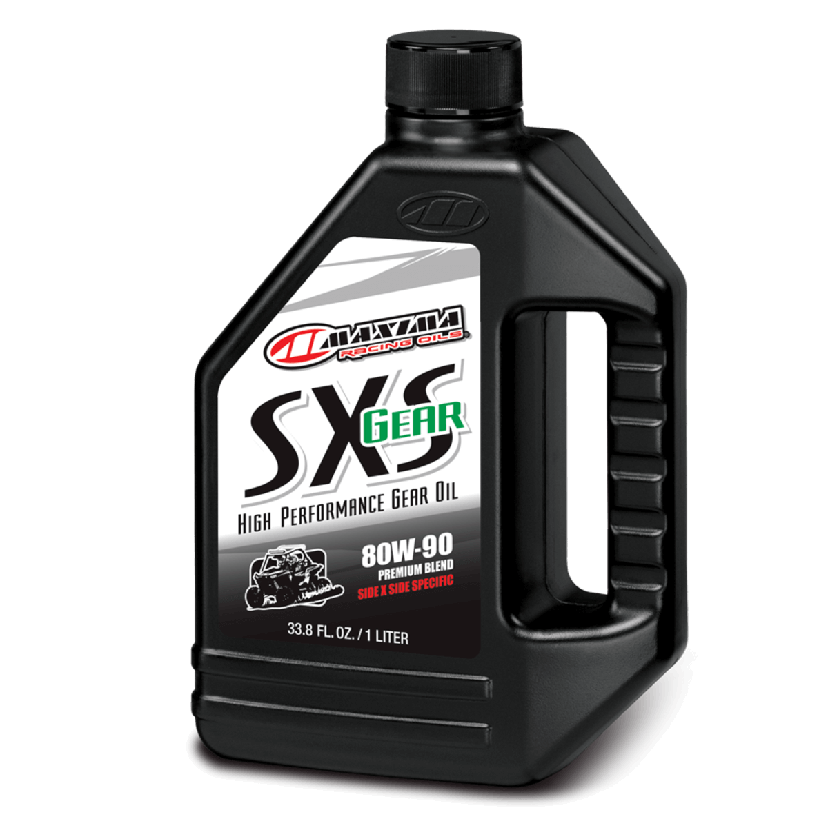 Maxima SXS Gear high performance gear oil bottle on a black background