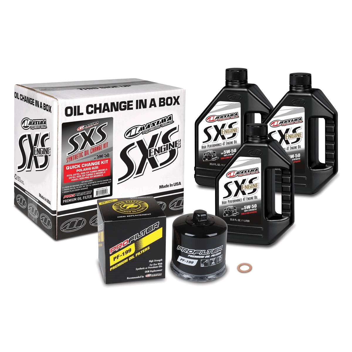 Oil change kit with bottles, box, and filter on a white background