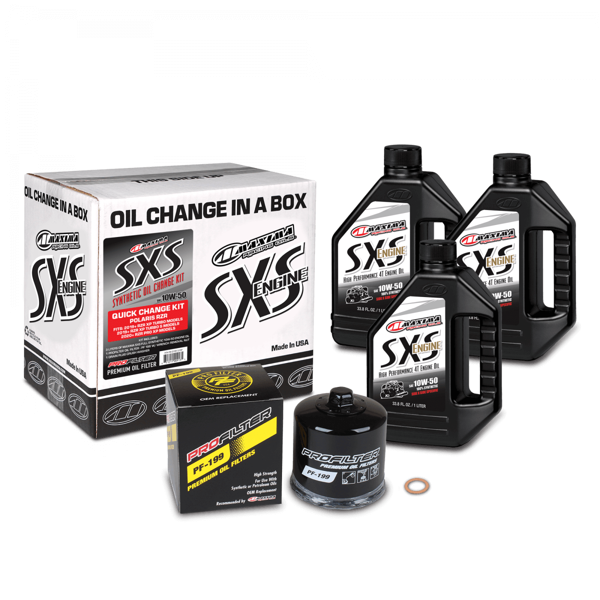 Collection of Maxima SXS engine oil change products on a black background