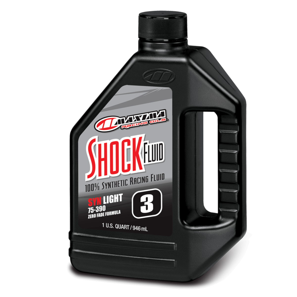 Black bottle of Maxima Shock Fluid on a white background