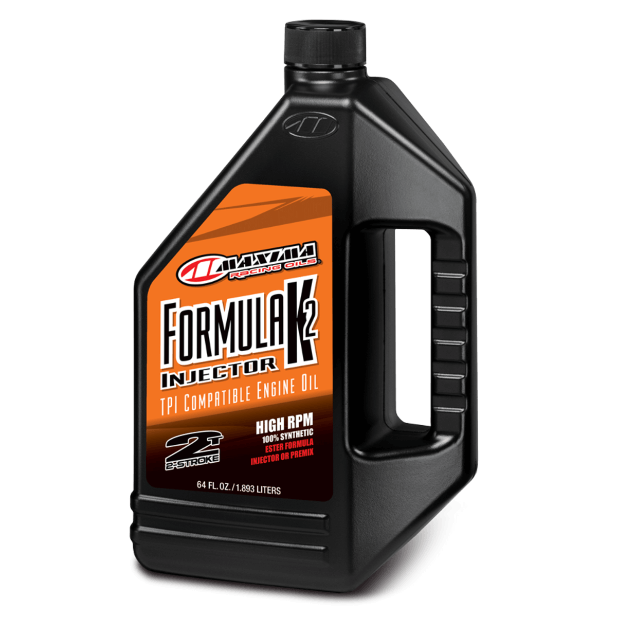 Black bottle of Maxima Formula K2 Injector Engine Oil on a white background