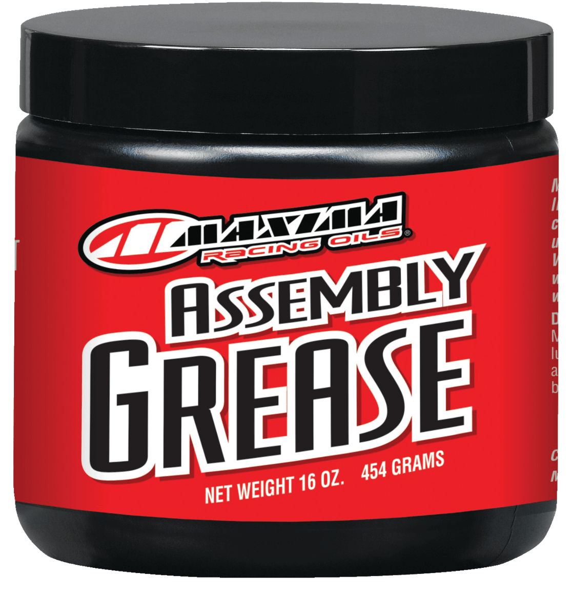 Maxima Racing Oils Assembly Grease container with red label and black lid.
