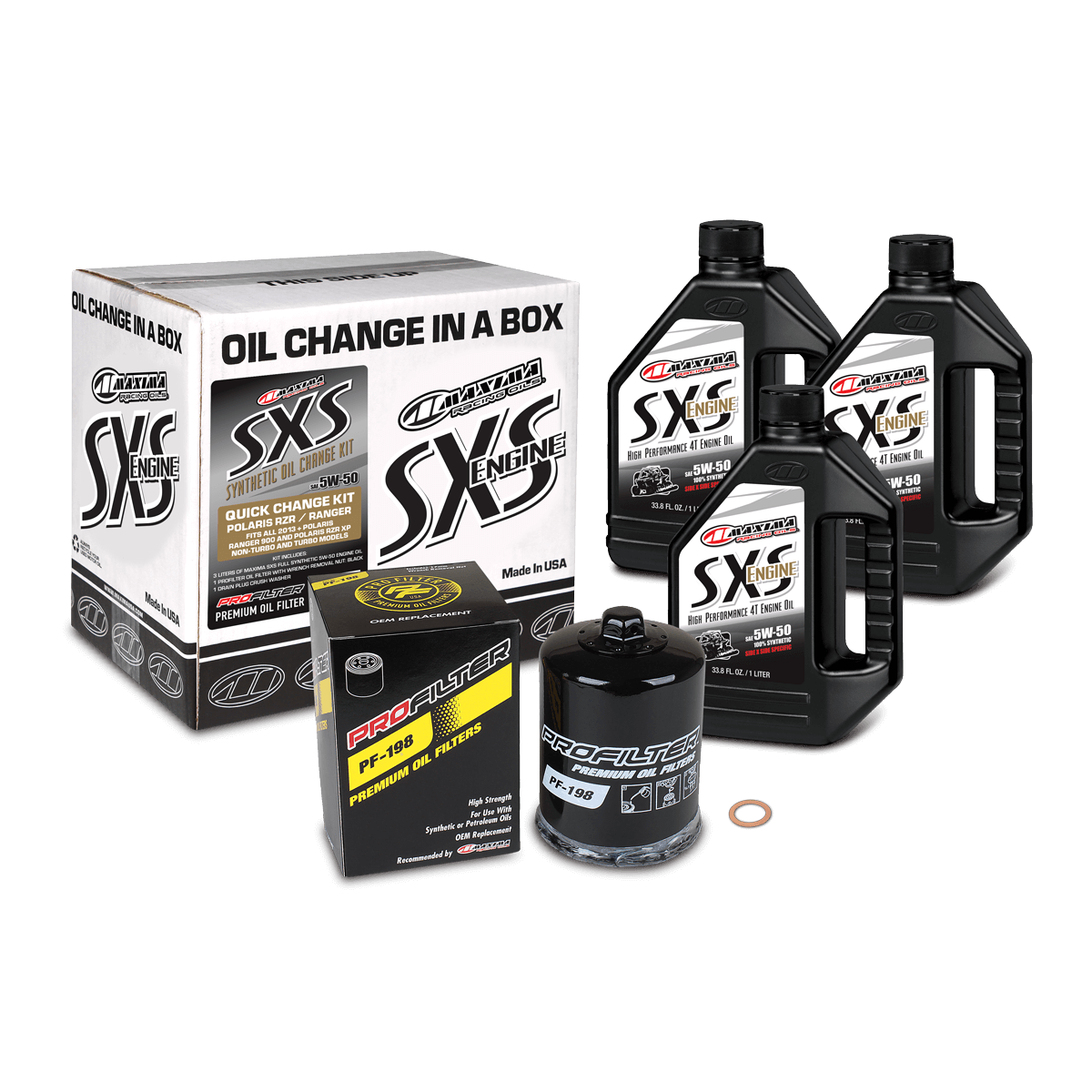 Oil change kit with bottles, boxes, and filter on a black background