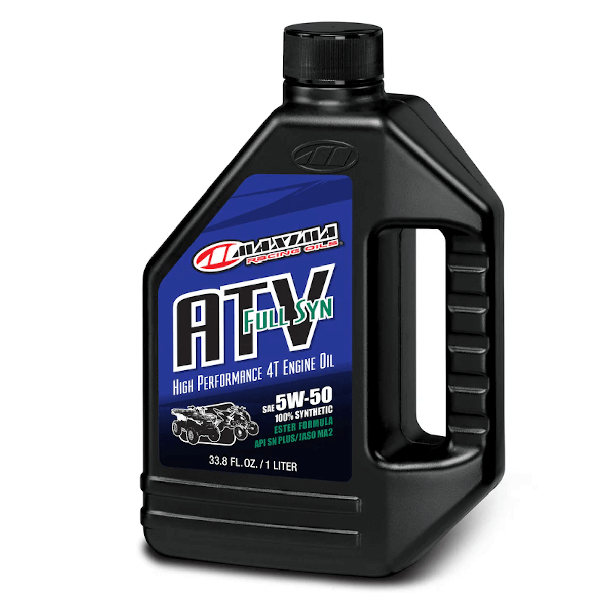 Black bottle of Maxima ATV Full Syn engine oil on a white background