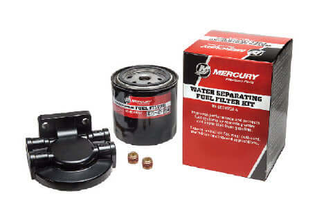 Mercury water separating fuel filter kit with black filter and metal bracket on a white background