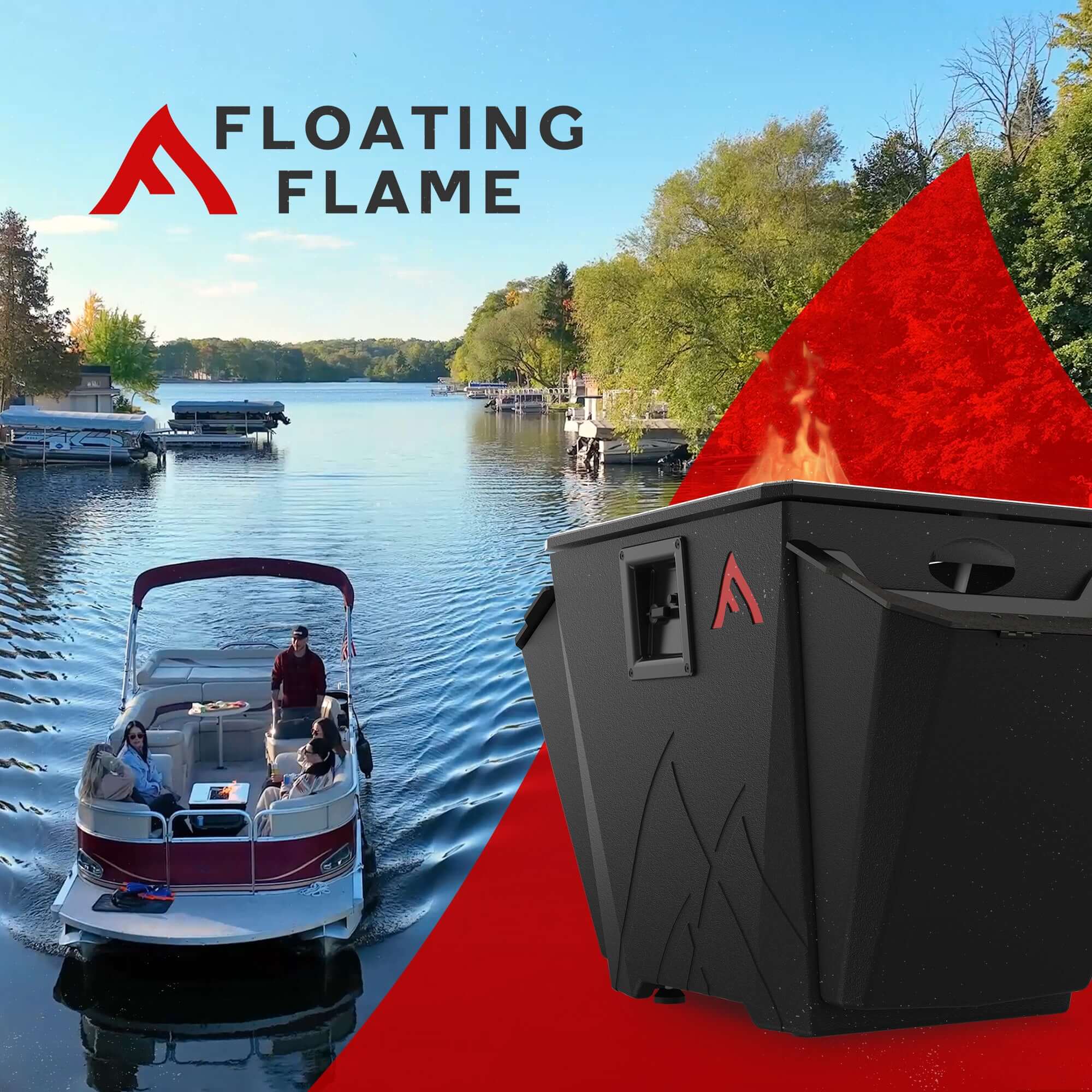 Floating Flame Portable Fire Pit with view of boat and lake