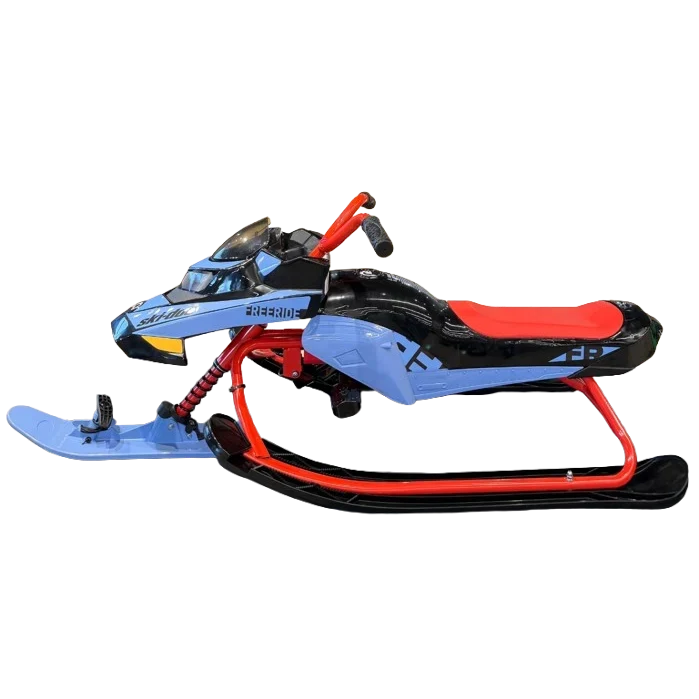 Ski-Doo Freeride Edition kids 3-ski snow sled, blue and black with red frame, side view