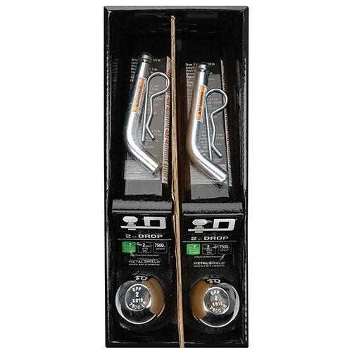 Two metal suspension links in a black packaging box with '2 Drop' branding.