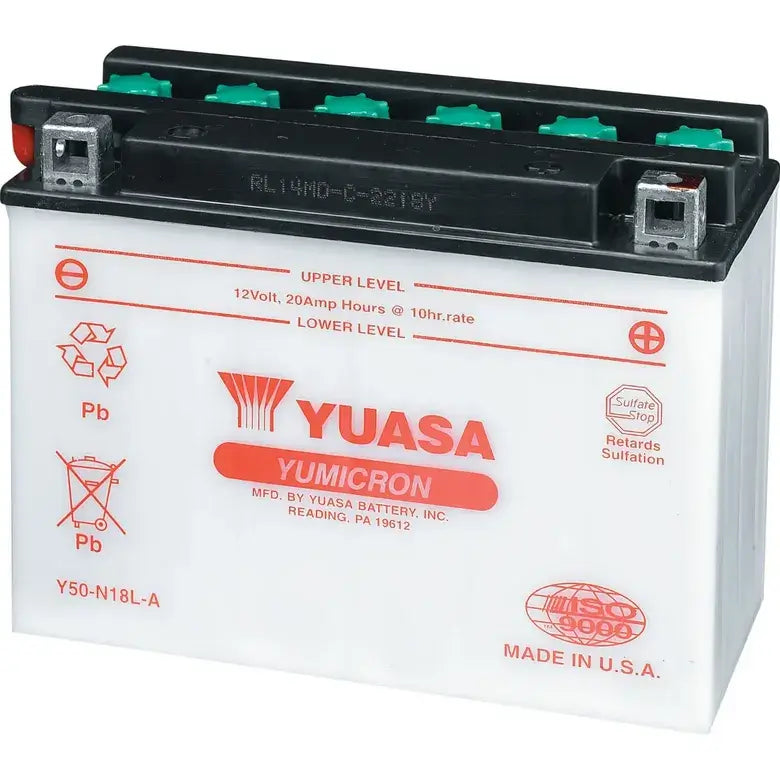 Yuasa battery with branding and specifications on a white background