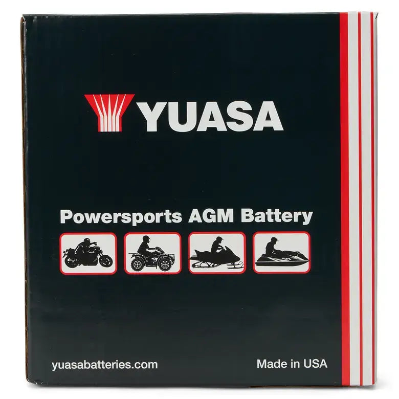 Yuasa Powersports AGM Battery packaging with icons of various vehicles on a black background.