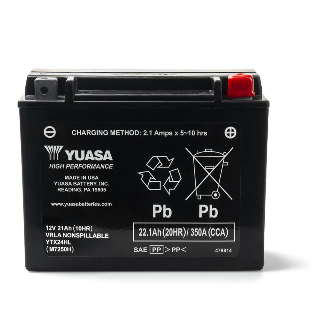 Yuasa YTX24HL 12V 21Ah 350 CCA AGM battery front view black case