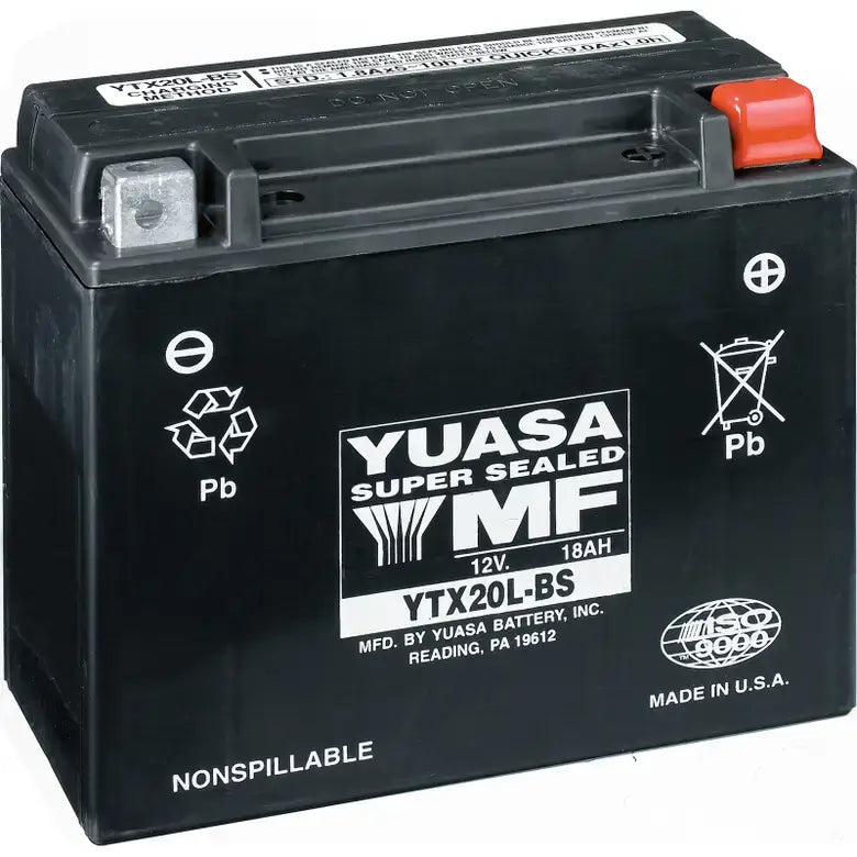 Yuasa battery with visible branding and specifications on a white background