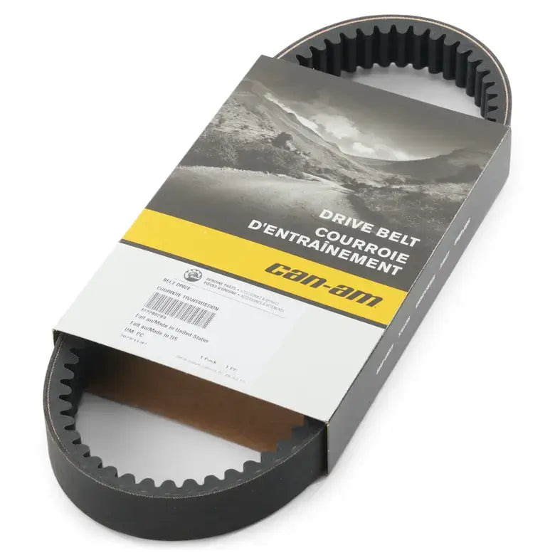 Drive belt packaging with Can-Am branding on a white background