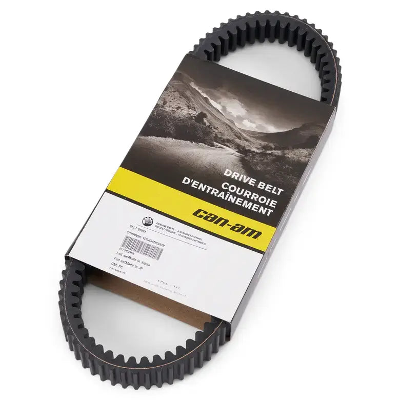 Can-Am drive belt packaging with mountain graphic on a white background