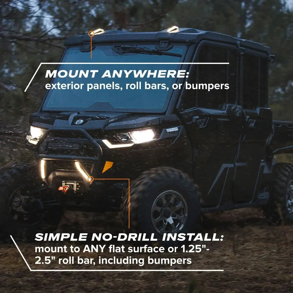 Black off-road vehicle with text about mountability and installation on a dark background