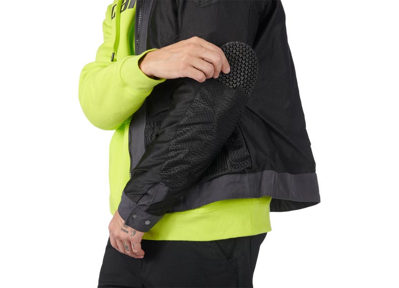 Can-Am Veda Chore men's mesh riding jacket showing removable CE armor elbow pad insert