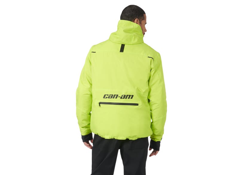 Can-Am Seil Packable Jacket in hi-vis yellow, back view on male rider with hood up