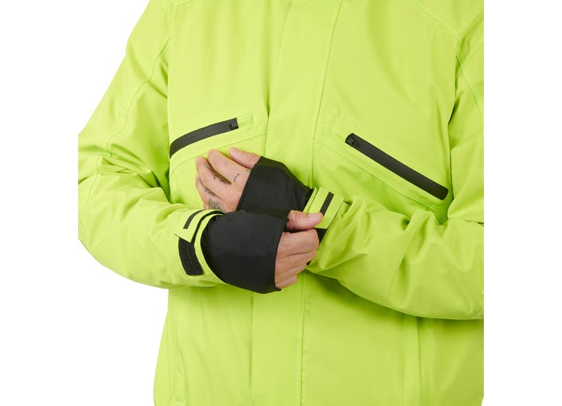 Can-Am Seil packable jacket in hi-vis yellow showing wrist cuff and zip pocket detail
