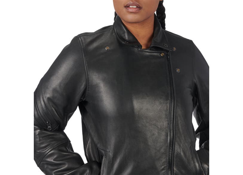 Woman modeling Can-Am Vick leather jacket black asymmetric zipper closeup detail