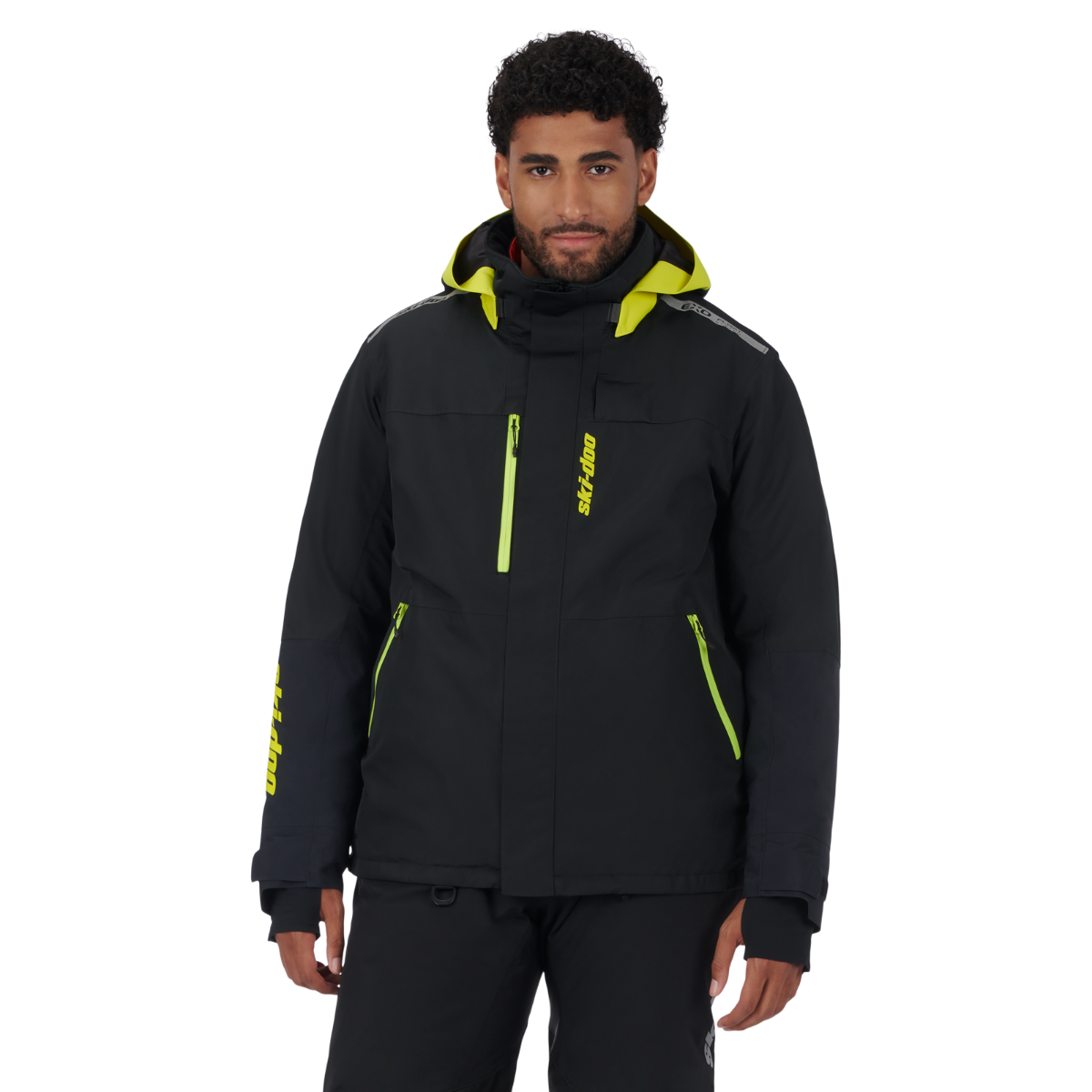 Rider wearing the Ski-Doo Men's Vasa+ Jacket in Black, front
