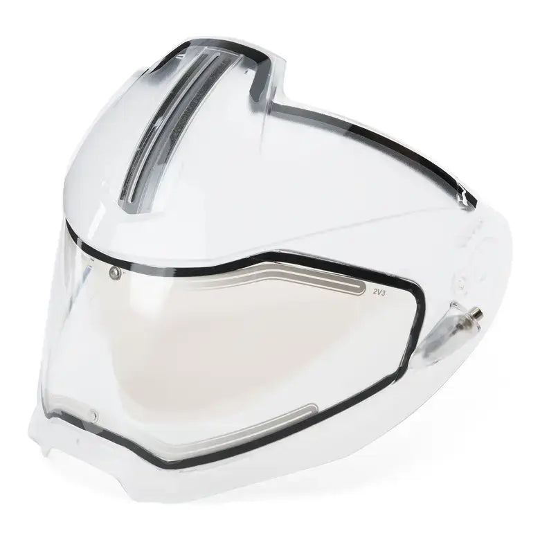 Clear motorcycle helmet visor on a white background