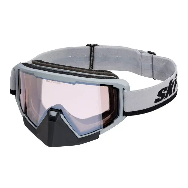 Ski goggles with a white strap on a white background