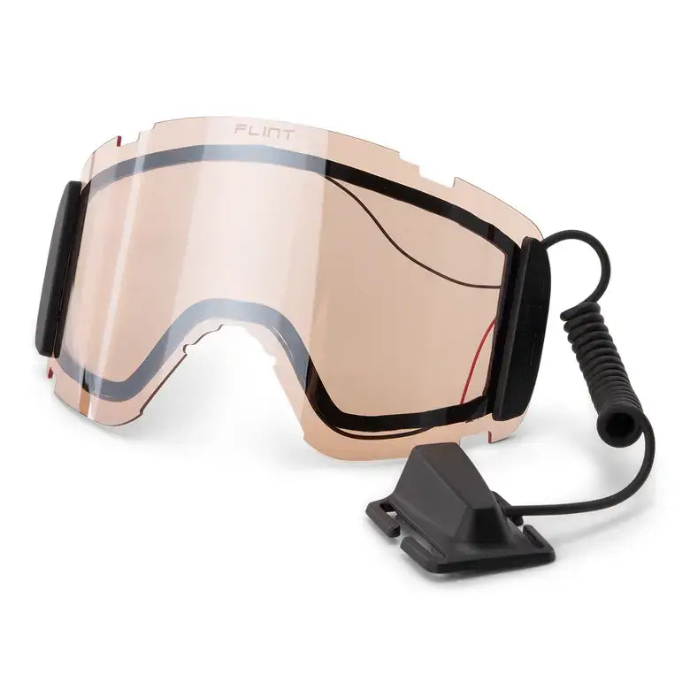 Ski goggles with a rose gold lens and black frame on a white background