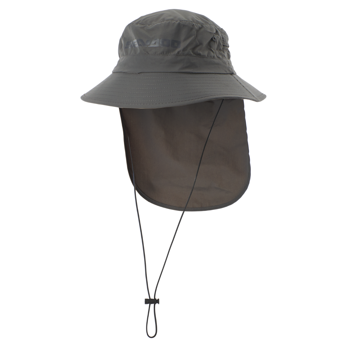 Sea-Doo fishing hat with floating brim, UPF 40 protection, and detachable neck flap for sun coverage.