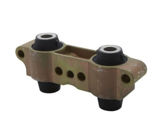 Mechanical component with black rubber bushings on a white background