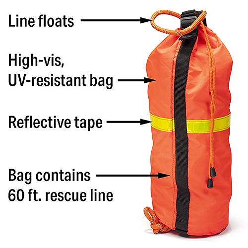 Seachoice Rescue Line Throw Bag 60 Foot, High-visibility red bag with yellow reflective strip, 50-45443