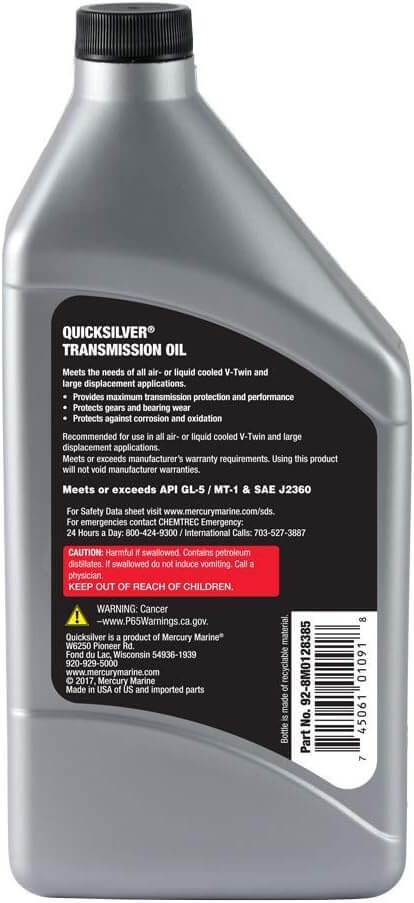 Quicksilver 8M0128385 85W-140 Motorcycle Transmission Oil, 1 Quart bottle with safety warnings and specifications.
