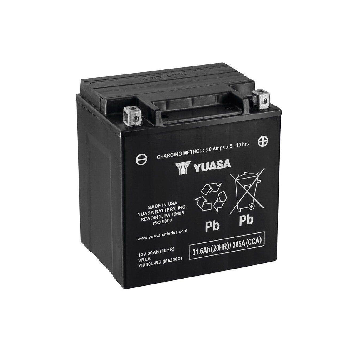 Yuasa YIX30L-BS 12V 30Ah AGM powersports battery front angle view