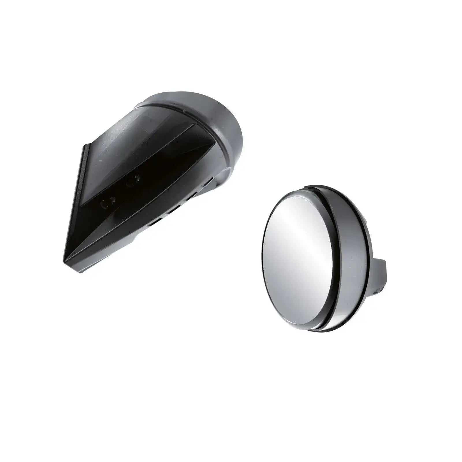 A set of black and silver colored round vehicle side mirrors with a robust 3-inch reflector.
