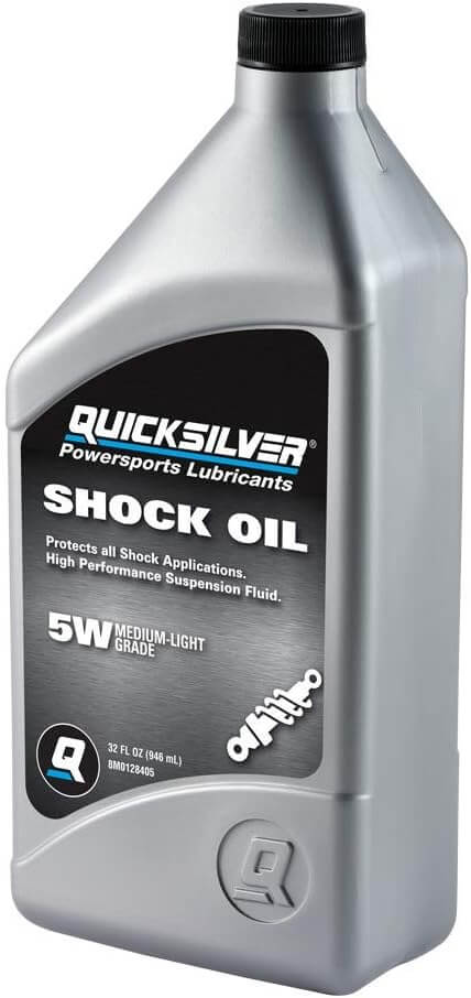 Quicksilver 8M0128405 5W Motorcycle Shock Oil, 1 Quart in a bottle for high-performance shock applications.