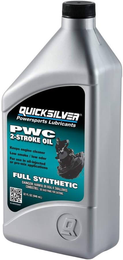 Quicksilver 8M0058907 Full Synthetic 2-Stroke PWC and Sport Boat Oil, 1 Quart packaging image.